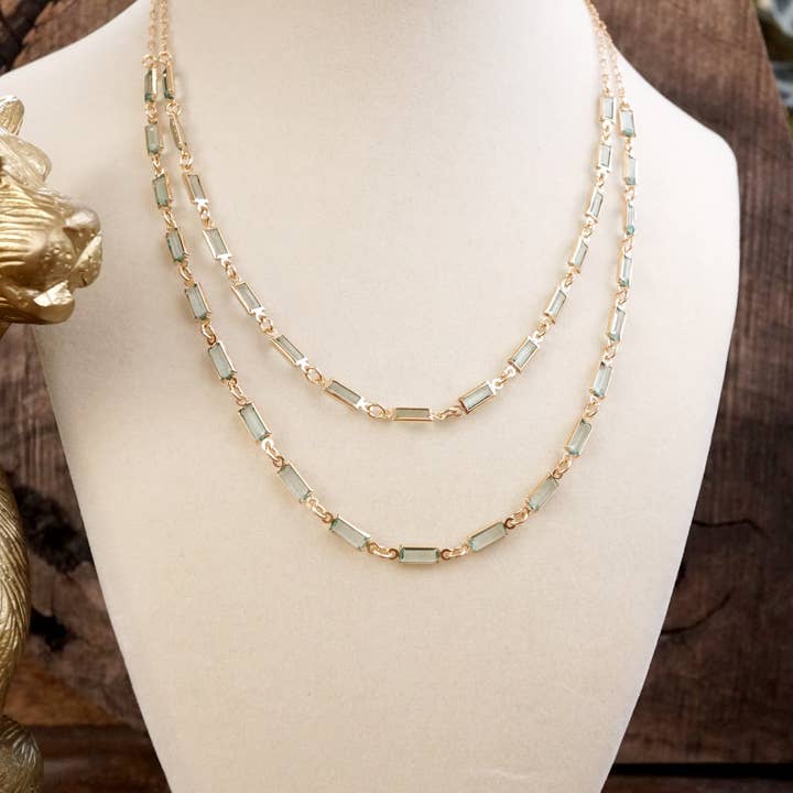 PennyLine inc - Wholesale Link & Chain Necklace - Twice the Sparkle – Double Layer Baguette Crystal Necklace in Gold Tone6