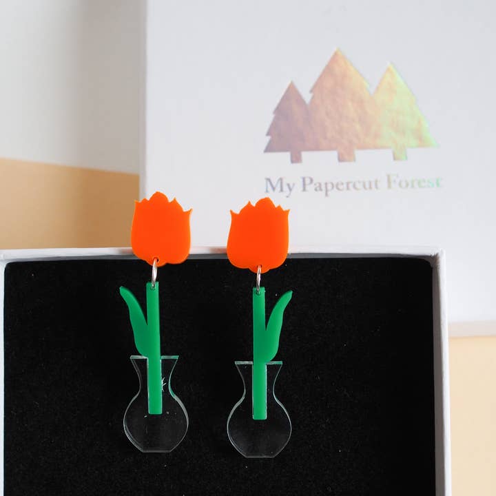 Pendientes colgantes tulipán acrílico, pendiente acrílico flor. para venta al por mayor de My Papercut Forest