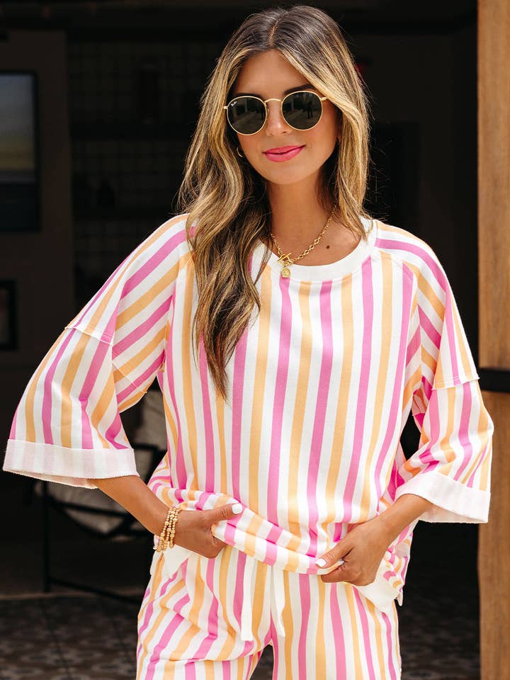 Pink Stripe Drop Shoulder Half Sleeve Loose Tee and Shorts Casual Set for wholesale by Sweet Lover Fashion