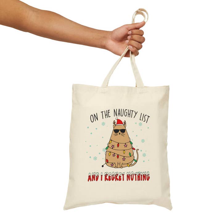 Christmas Cat Funny Printed Shopping Library Tote Bag for wholesale by Home and Honey Shop