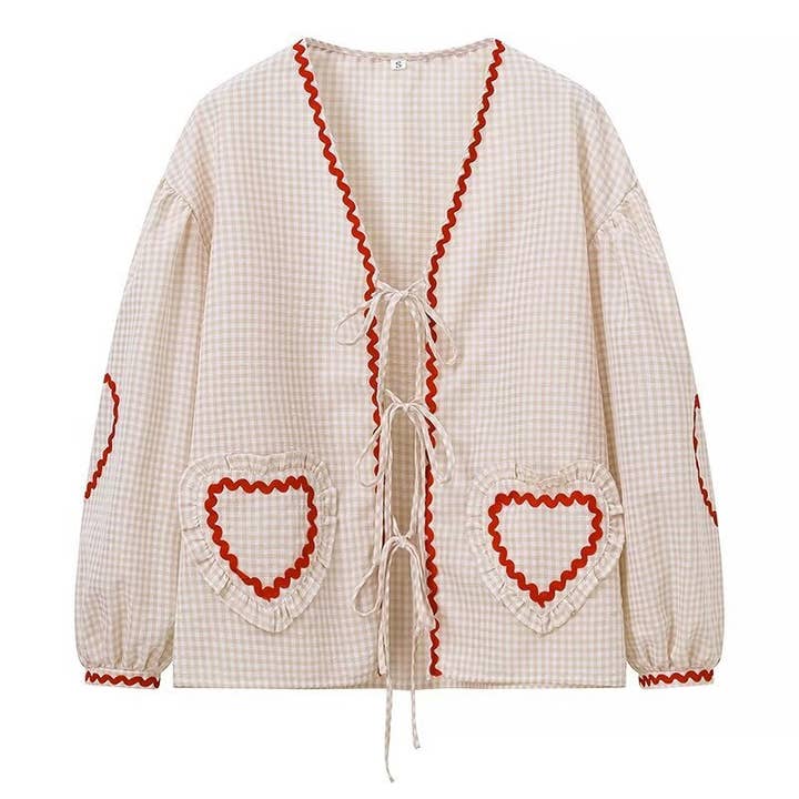 Rosa Clothing - Wholesale Blouse - Women's - Ric Rac heart-inspired patching Gingham tie front blouse