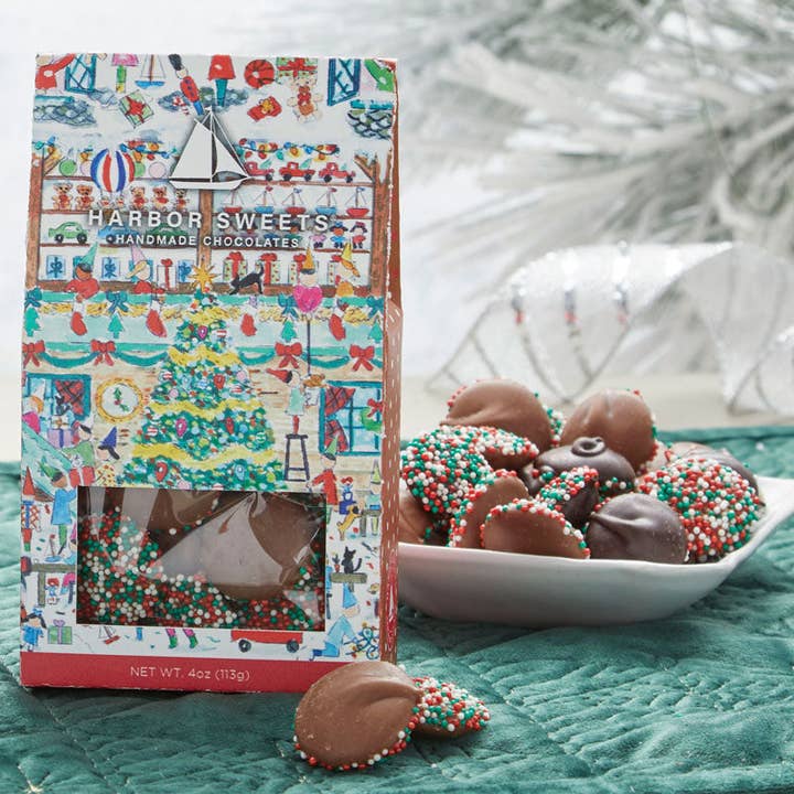 Harbor Sweets Chocolates - Wholesale Chocolate Covered Sweets - Holiday Sprinkled Milk Chocolate Nonpareils - 4 oz
