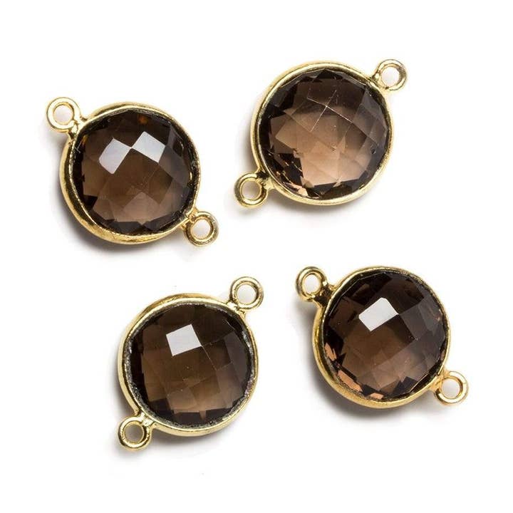 12x12mm Vermeil Bezeled Smoky Quartz faceted coin Connector 1 piece for wholesale by Beads of Cambay
