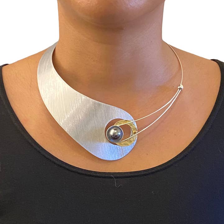 MOON Truly Asymmetrical Elegant Metal Collar Necklace-Front Closure and Simulated Pearl and Jade Accent Bead Options for wholesale by Chick Boss LLC