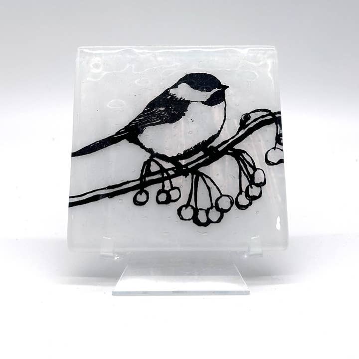Birds | Chickadee Fused Glass 4" Single Coaster for wholesale by Kiku Handmade | Contemporary Fused Glass Home Goods