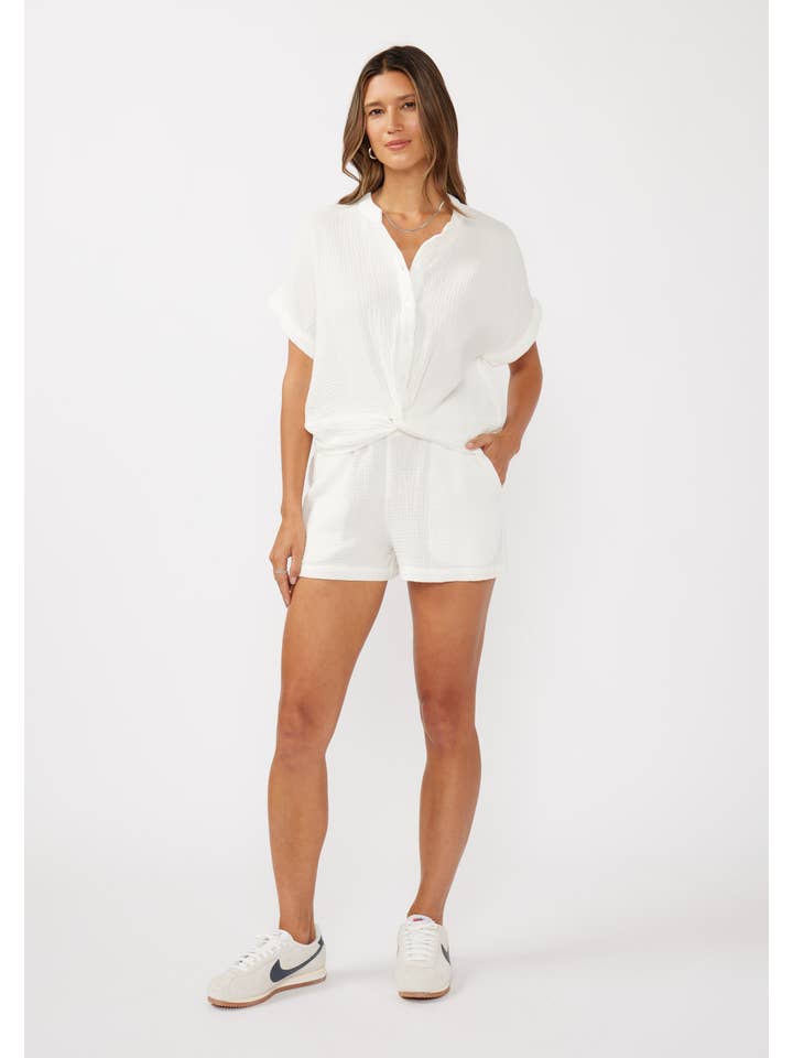 White Dropped Shoulder Knot Front Button-Down Top for wholesale on Faire