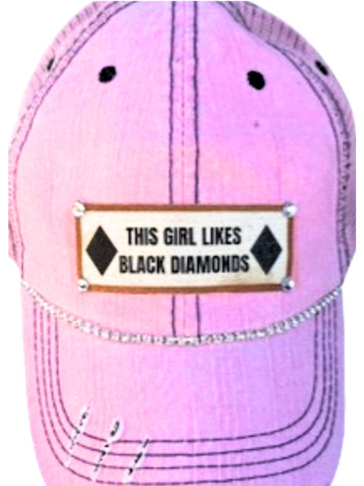 (29) "THIS GIRL LIKES BLACK DIAMONDS" DISTRESSED TRUCKER HAT for wholesale by Jana's Flannels