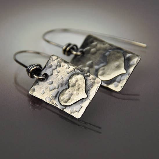 CB&CO - Wholesale Dangle Earrings - Rectangular Sterling Silver Layered Heart Earrings0