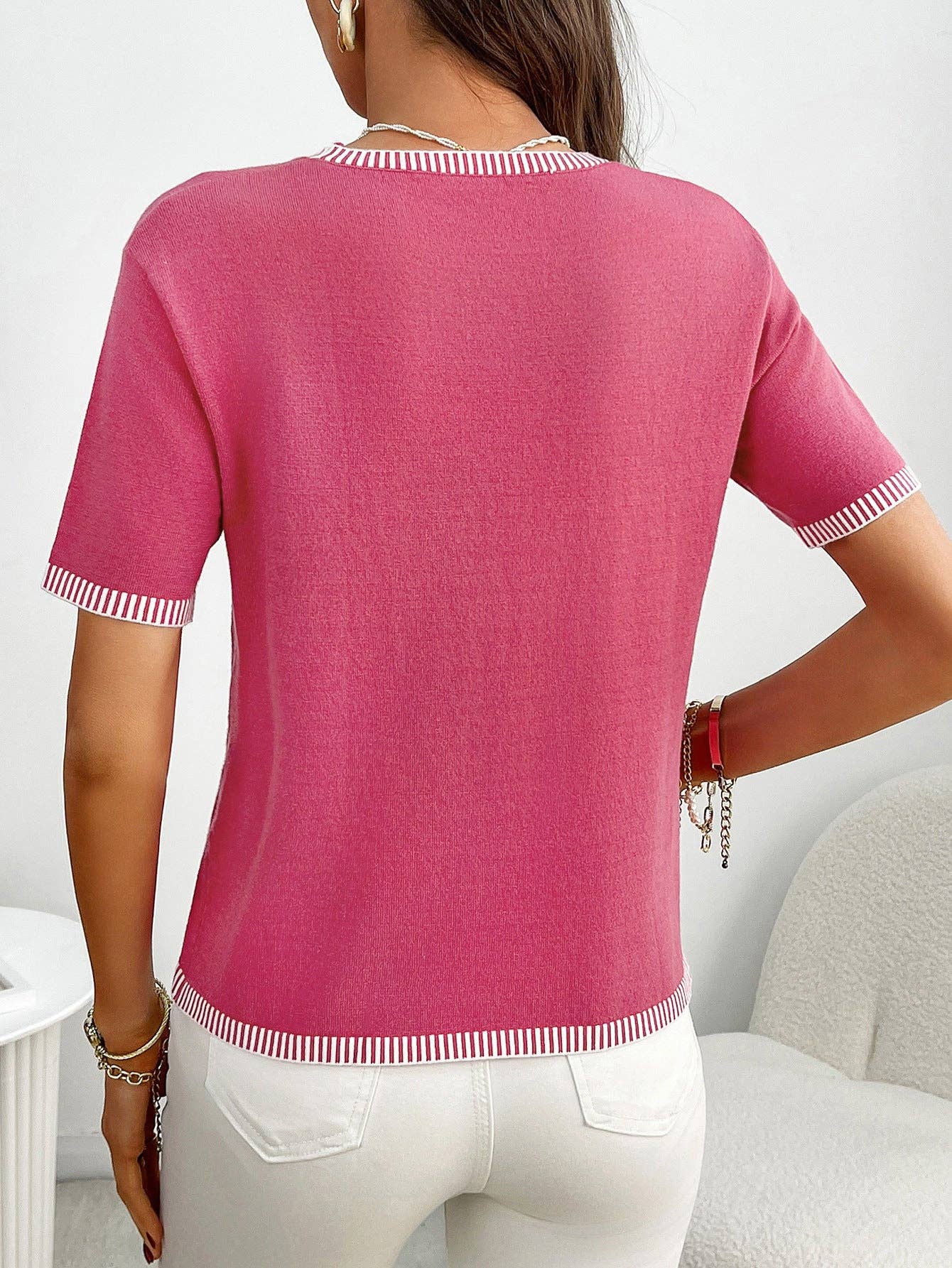 Lovesoft - Wholesale Knit Top - Women's - Women’s Striped Trim Short Sleeve Knit Top Pullover Tee1