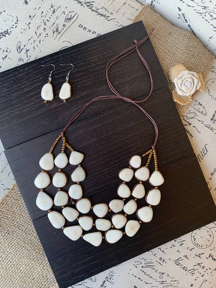 White statement necklace and earrings set Tagua jewelry 14 year gift anniversary for wife Ivory anniversary gifts for her Fall fashion for wholesale by Galapagos Tagua