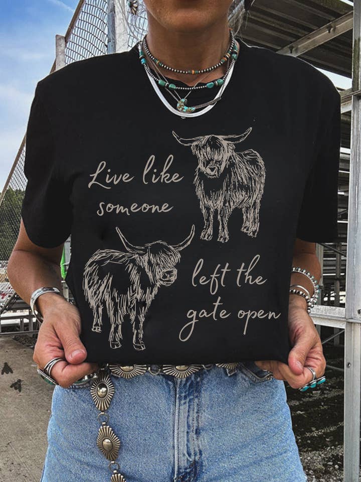 T-shirt casual nera con stampa Western Cow e scollo rotondo per la vendita all'ingrosso da parte di Lovesoft
