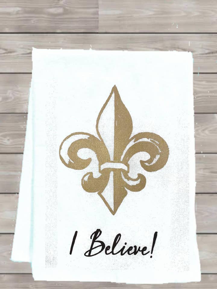 I Believe Fleur De Lis Tea Towel for wholesale by Monique Perry Art
