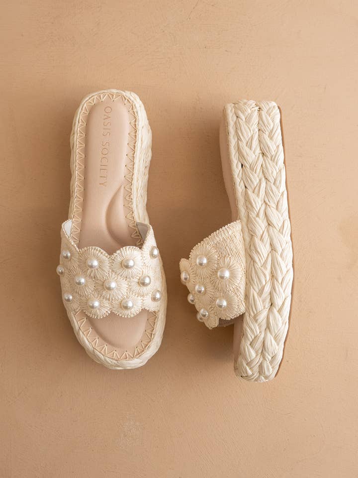 The Candice | Ivory Floral Raffia Platform Slide for wholesale by OASIS SOCIETY