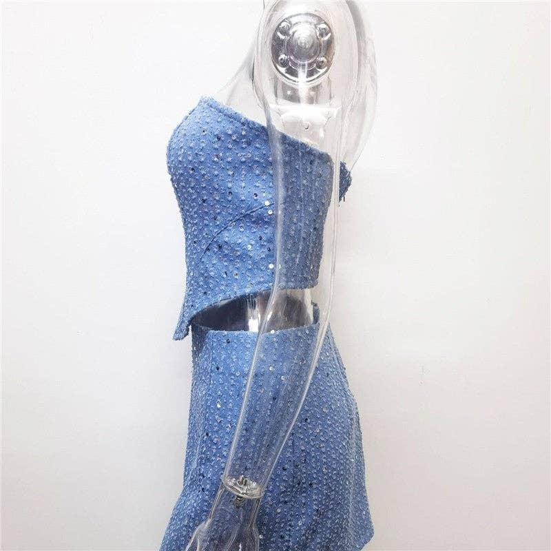 FurDecoration - Wholesale Top & Skirt Set - Women's - Fashionable Denim Ripped Sequin Mini Skirt Bandeau Set8