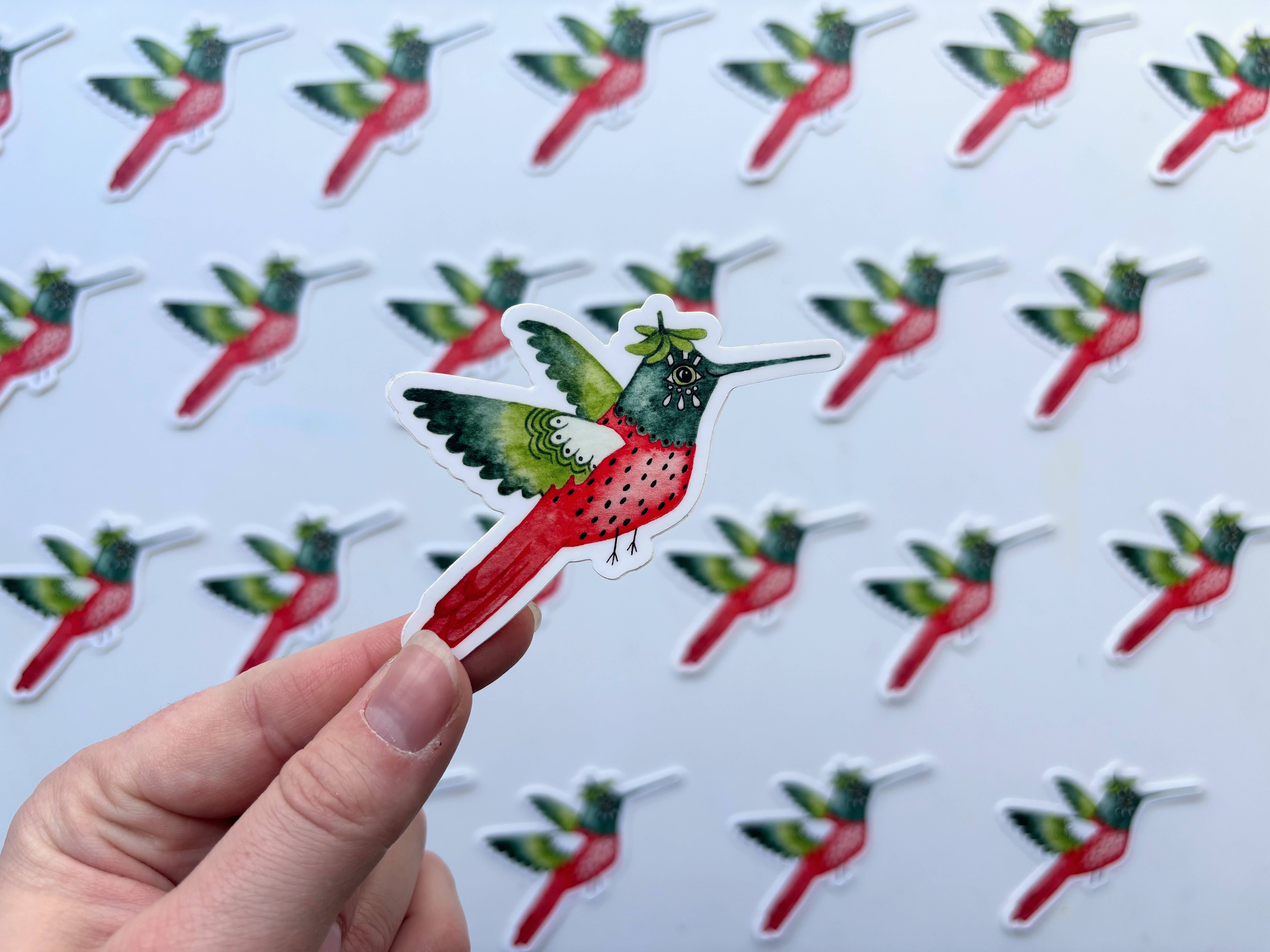 Owlfeathers Watercolor - Venta al por mayor Pegatina - Pegatina de vinilo de colibrí de fresa - Pegatina de pájaro de fruta1