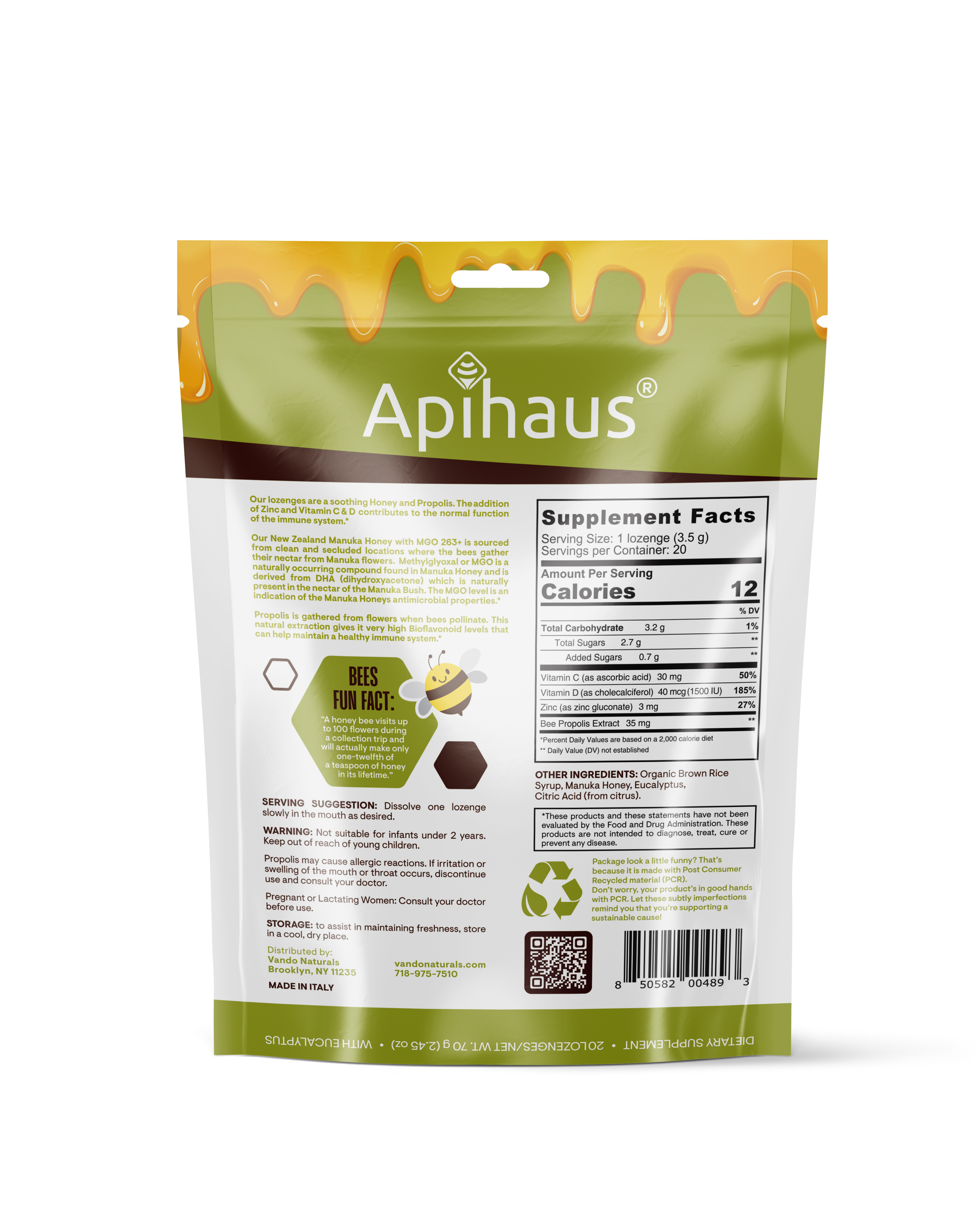 Vando Naturals - Wholesale Lozenges/Cough Drops - Apihaus Manuka Honey and Propolis Lozenges   20 pcs1