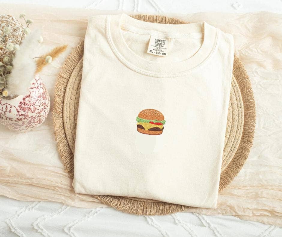 ART OF DOTS – wholesale T-shirt – women's – Embroidered Cheeseburger Foodie Lover Tee Shirt1