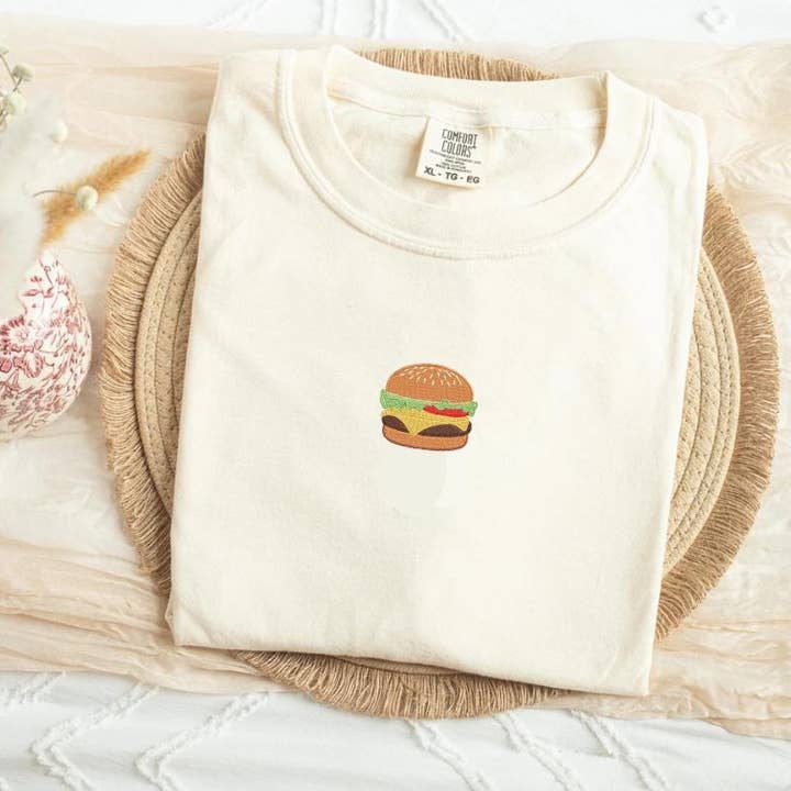 ART OF DOTS – wholesale T-shirt – women's – Embroidered Cheeseburger Foodie Lover Tee Shirt1
