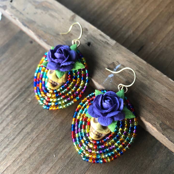 MorninGloria's - Wholesale Dangle Earrings - Large Dia De Los Muertos Beaded Earrings