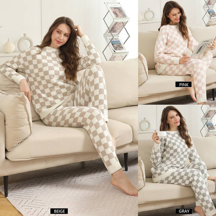 Fashion City - Wholesale Sweatshirt - Women's - Checkered Pullover Sweater Lounge Pajama Top2