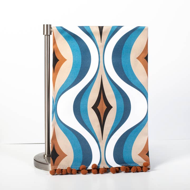 Blue Diamond Wave Mid Century Bar Tea Towel with Trim for wholesale by Mod Lounge Paper Company