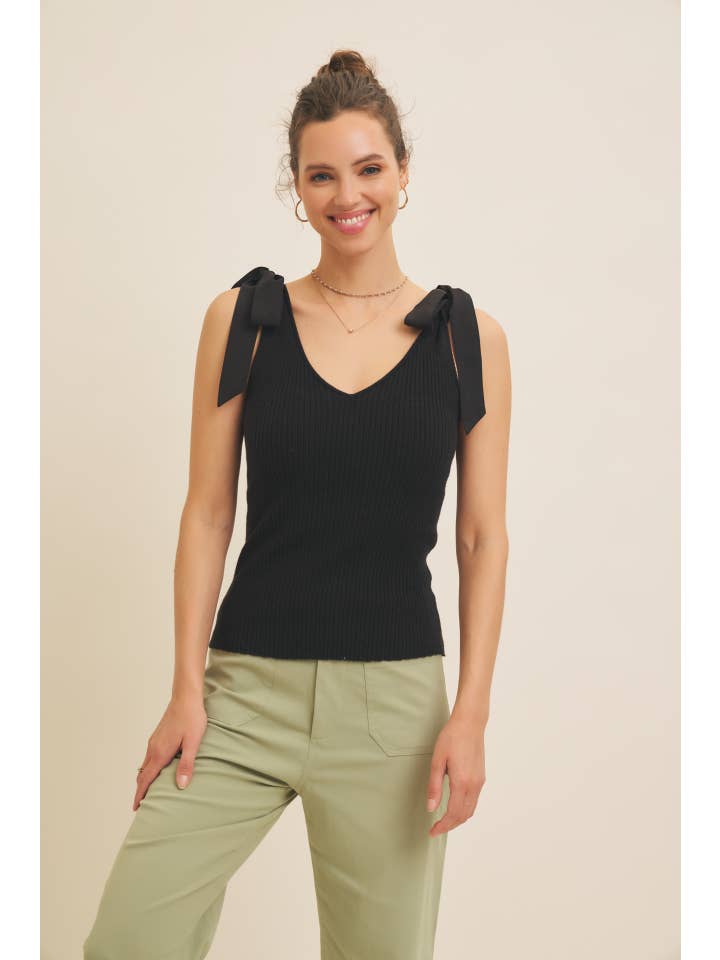 in february - Wholesale Knit Sweater - Women's - MIXED MEDIA SHOULDER TIE STRETCHY RIB SWEATER TOP