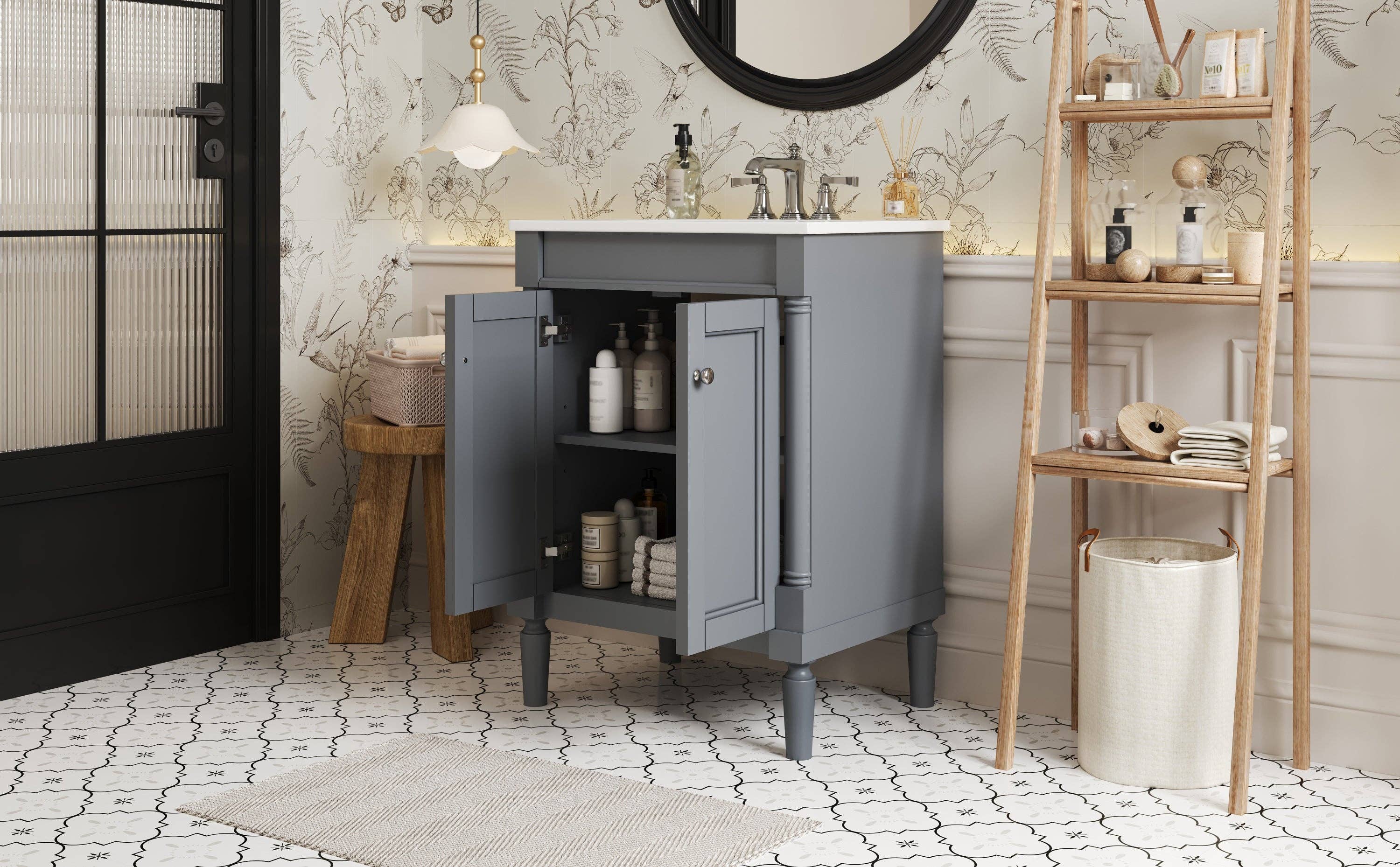 39F Inc. - Wholesale Vanity Mirror - 24" Bathroom Vanity with Top Sink & 2-Tier Storage, Grey15