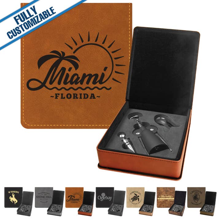 3-Piece Leatherette Wine Tool Set - Fully Customizable for wholesale by GiftWorksPlus