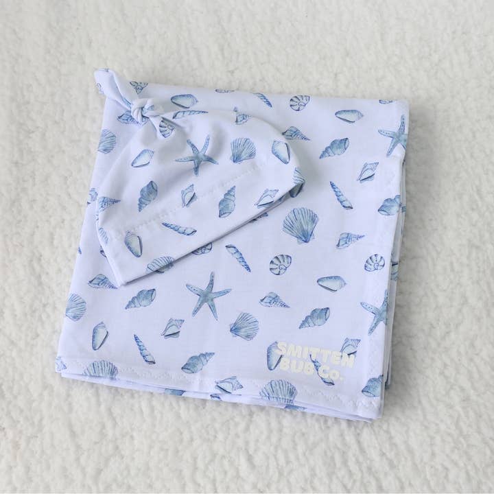 Blauwe Schelpen Wikkeldoekenset voor wholesale door Smitten Bub Co.