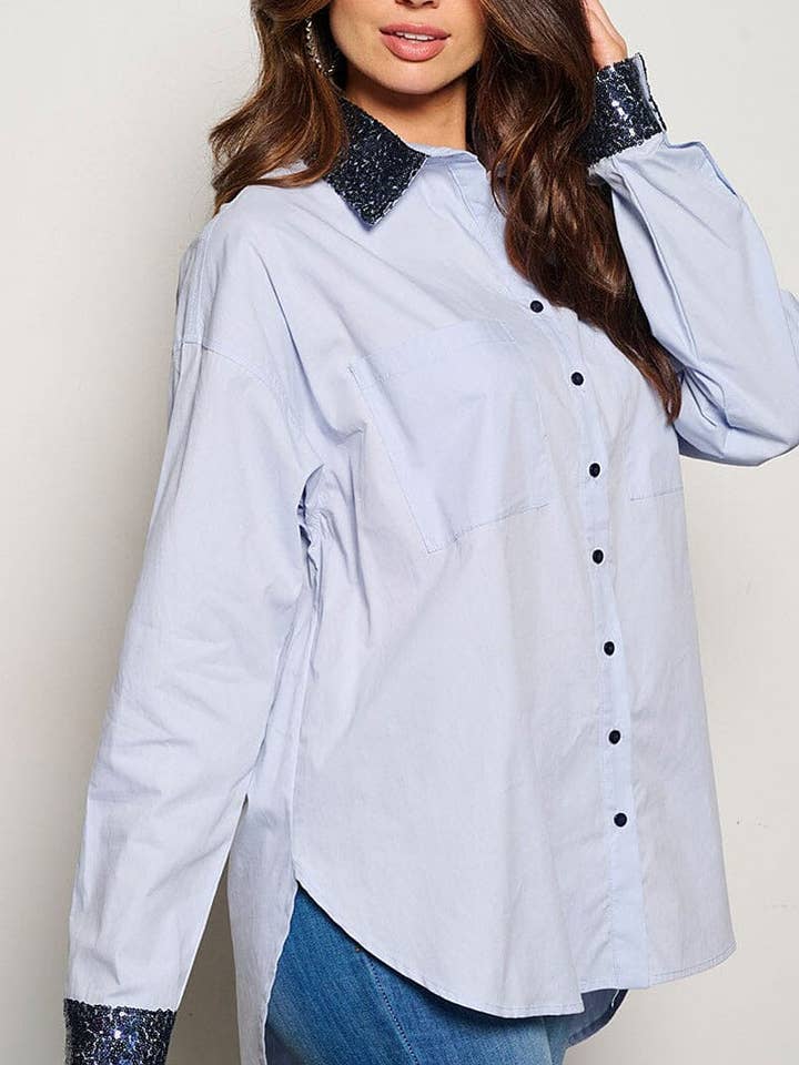 LANGÆRMET KNAP OP PAILLETTER GRAFISK BLOUSE for engroshandel hos ROUSSEAU