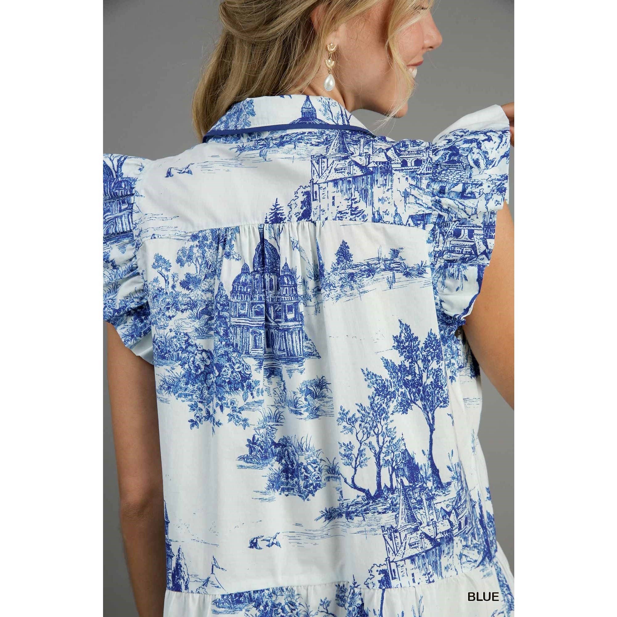 BNS - Vente Robe – femme - Robe à manches volantées à imprimé paysage avec passepoil9