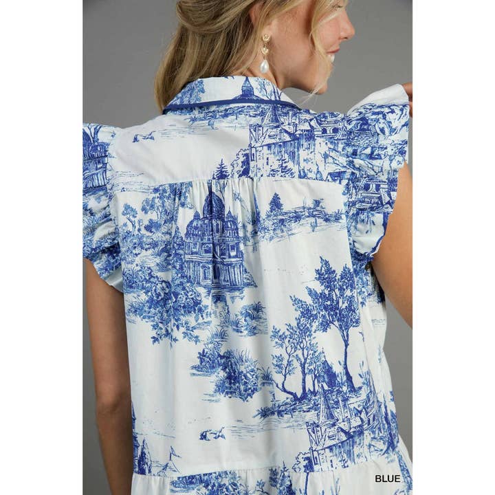 BNS - Vente Robe – femme - Robe à manches volantées à imprimé paysage avec passepoil9