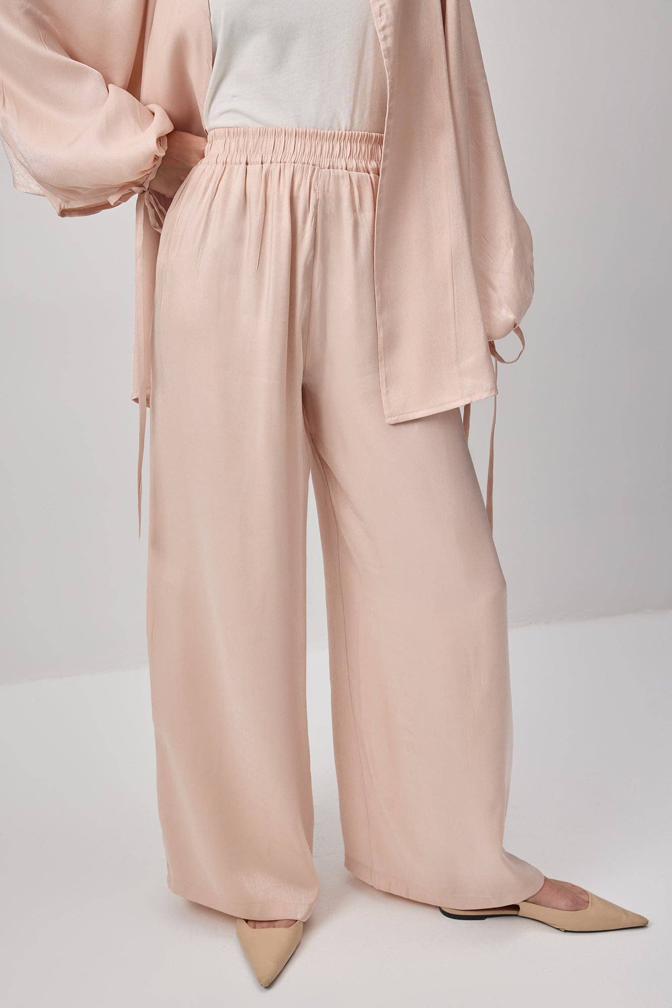 Pink Textured Satin Look Belted Tunic & Wide Leg Pants Set for wholesale on Faire3