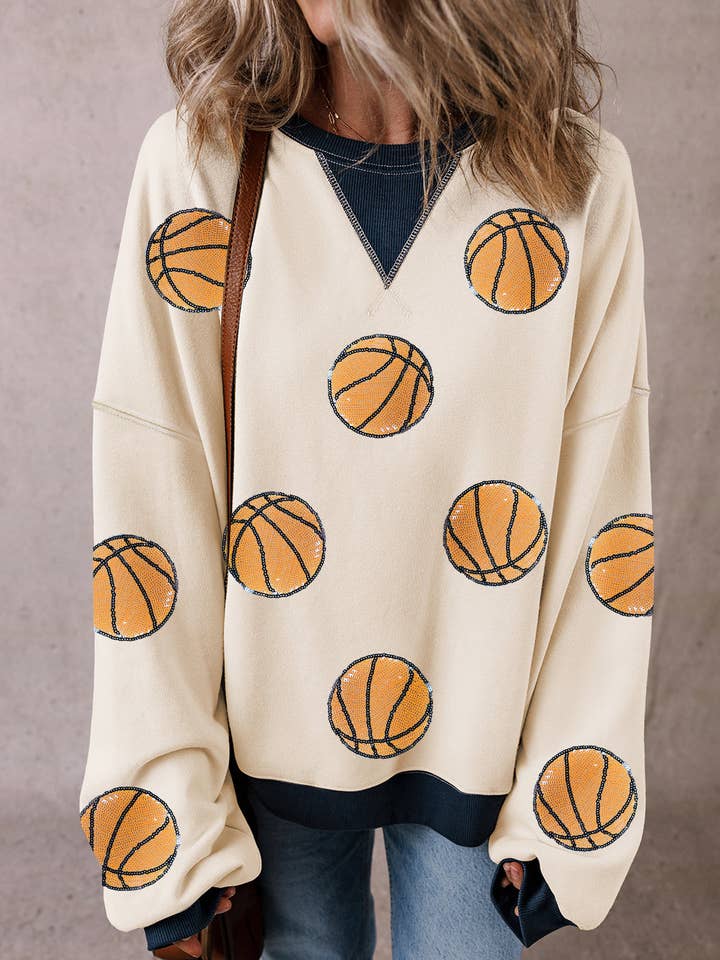 White Sequin Basketball Graphic Colorblock Edge Sweatshirt for wholesale on Faire
