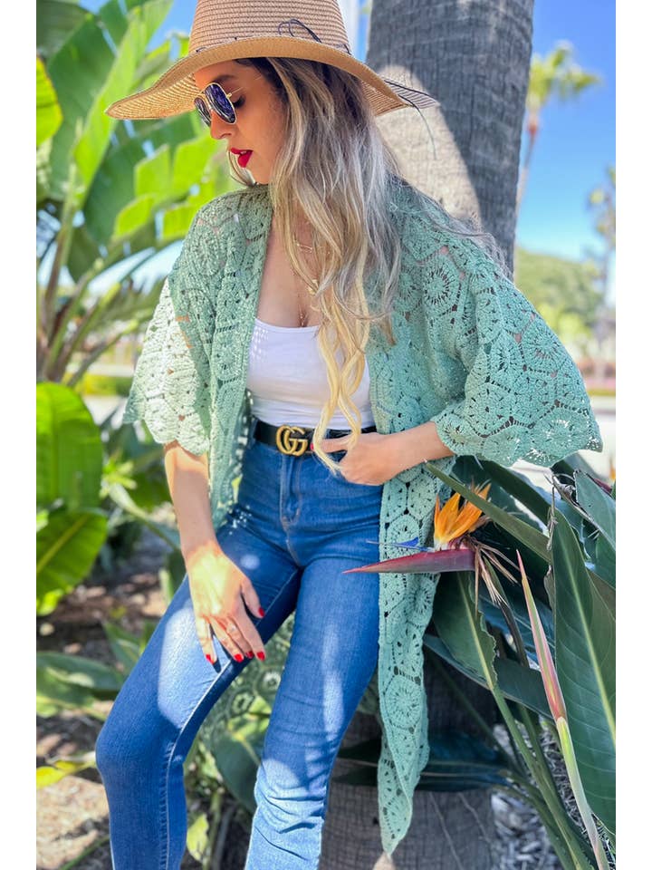 Salvia Sage sexkantig virkad 3/4 ärm Maxi Kimono Cardigan för wholesale på Faire