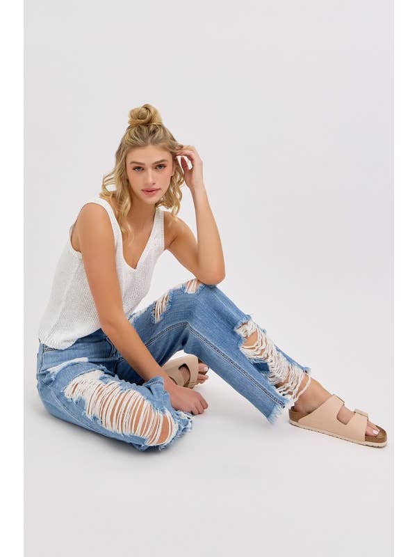 Medium Denim 97303ND-Destroyed High Waisted Raw Hem Cut Out Jeans for wholesale on Faire5