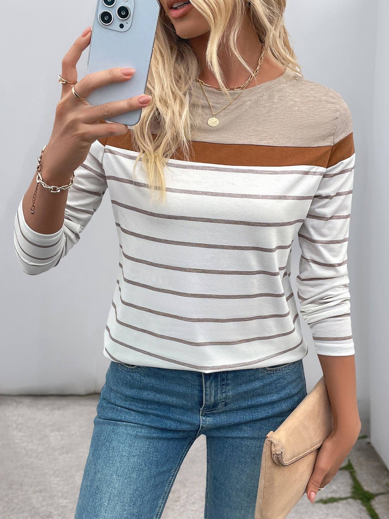Khaki Retro Striped Long Sleeve T-Shirt for Women Casual Layering Top for wholesale on Faire3