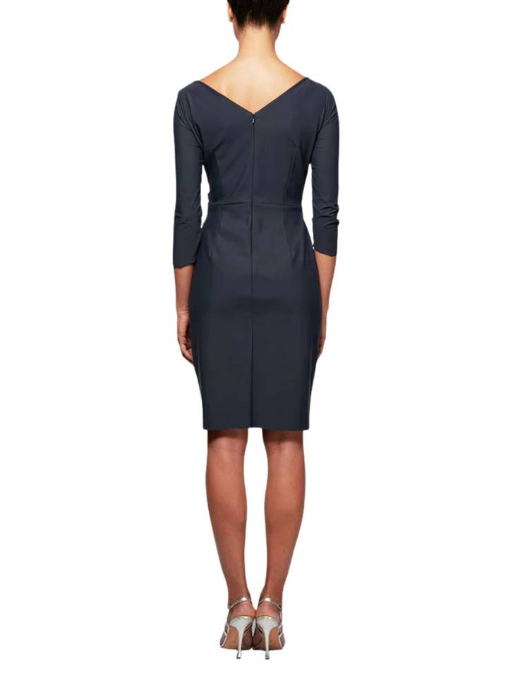 CHARCOAL Alex Evenings Surplice V-Neckline V-Back Zipper Closure Quarter Sleeves Draped Ruffle Waist Brooch Knee-Length Sheath Dress for wholesale on Faire1