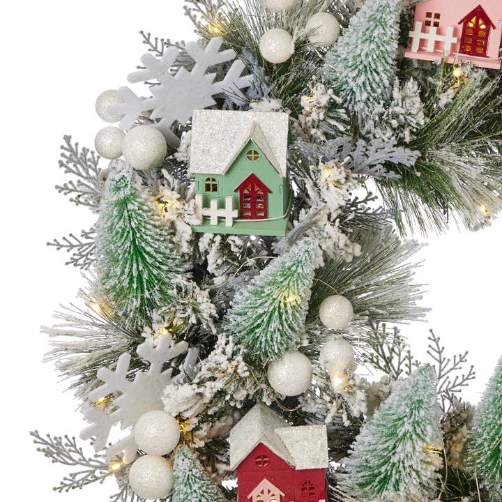 Seasonal LLC - Wholesale Wreath - Snowy Cottage Wreath 26in Pre-Lit with 50 LED Fairy Lights B/O