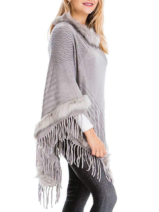 Cap Zone – wholesale Poncho – Women's – Faux Fur Lined Fringe Trim Pullover Poncho8