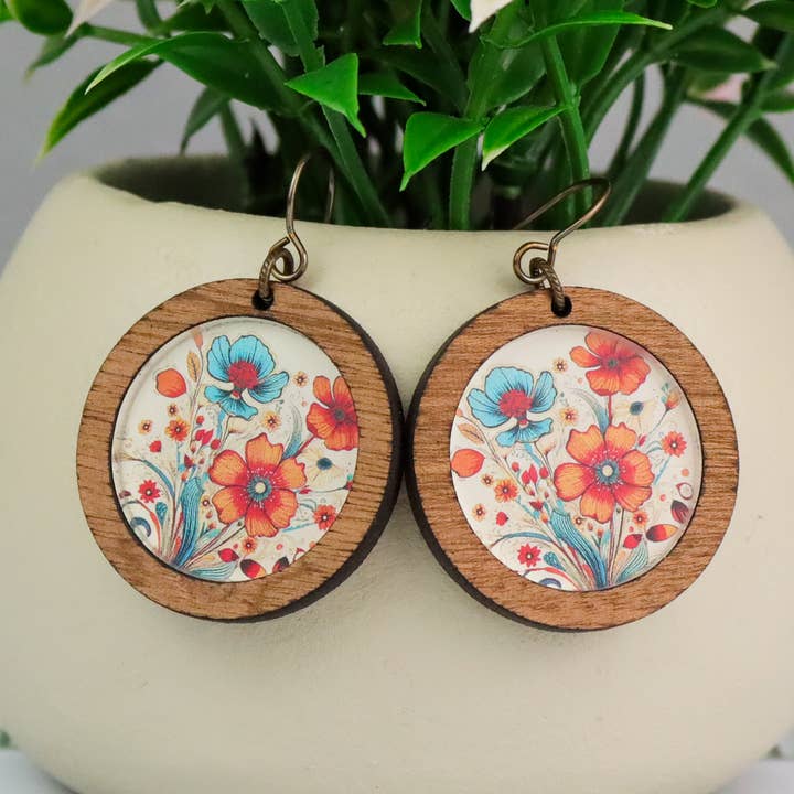 Boho Circle Flower Earrings Coral/Turquoise for wholesale by Jo & Co