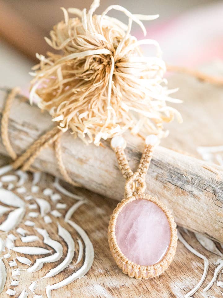 Oval Rose Quartz Pendant with Moonstone Beads~ Macramé cord for wholesale by Meelah Collections