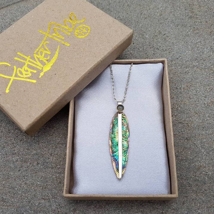 Feather Tribe - Wholesale Pendant/charm necklace - Blue Avian Feather Necklace with Moonstone5