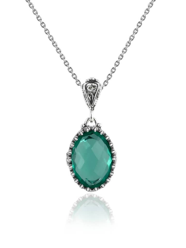 925 Silver Filigree Heart Detailed Emerald Gemstone Woman Pendant Necklace for wholesale by Filigranist Jewelry