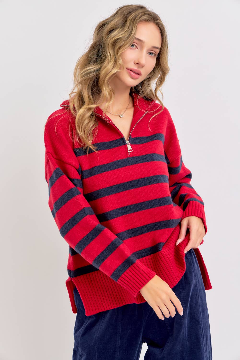 Sweet Lovely by Jen - Wholesale Knit Sweater - Women's - STRIPED ZIP-FRONT OVERSIZED PULLOVER KNIT SWEATER  39
