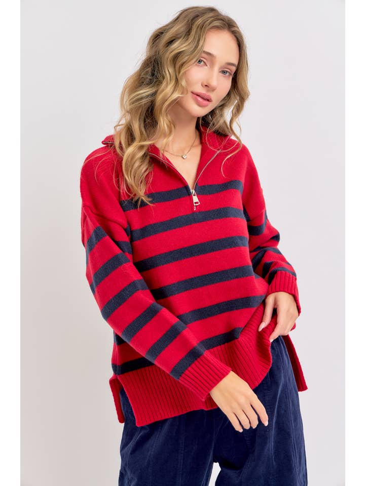 Sweet Lovely by Jen - Wholesale Knit Sweater - Women's - STRIPED ZIP-FRONT OVERSIZED PULLOVER KNIT SWEATER 39