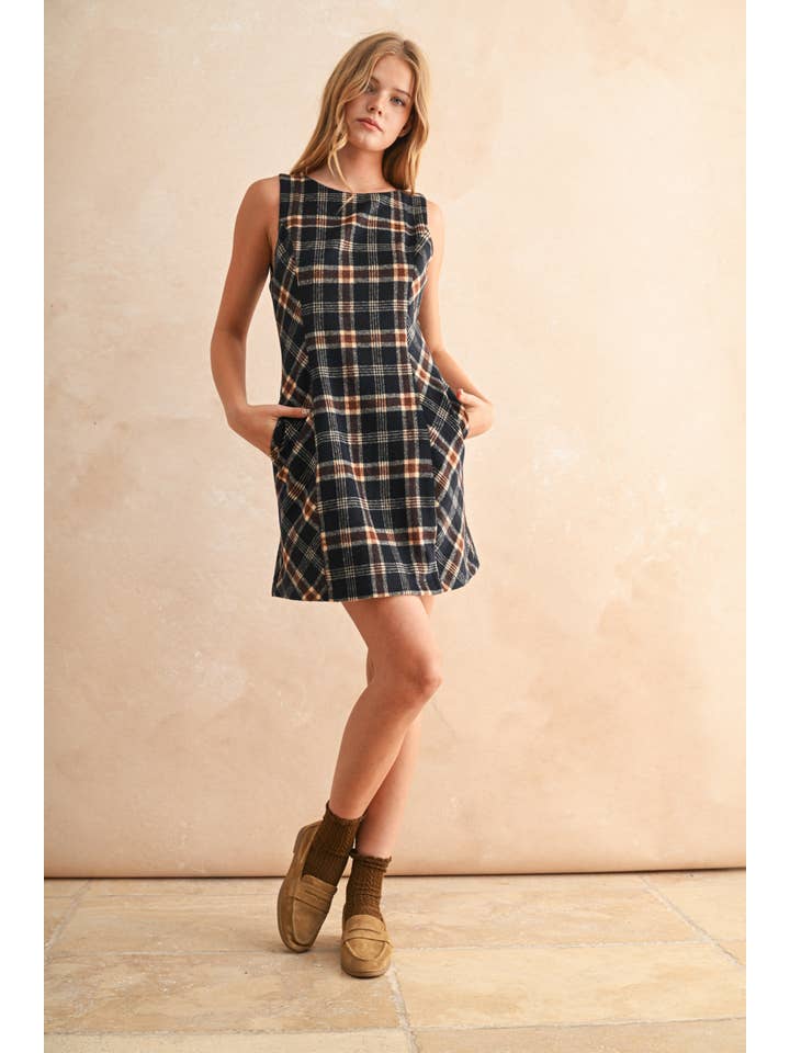 NAVY D5632 PLAID PATTERN DRESS for wholesale on Faire3