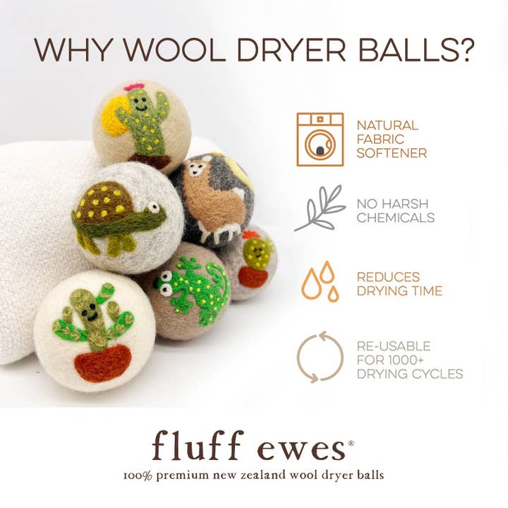 Hustle & Blush - Vendita all'ingrosso Palla per asciugatrice - NUOVO! Palline per asciugatrice in lana Fluff Ewes «Kiss my Cactus» di alta qualità, set da 6, ammorbidente naturale, ecologico