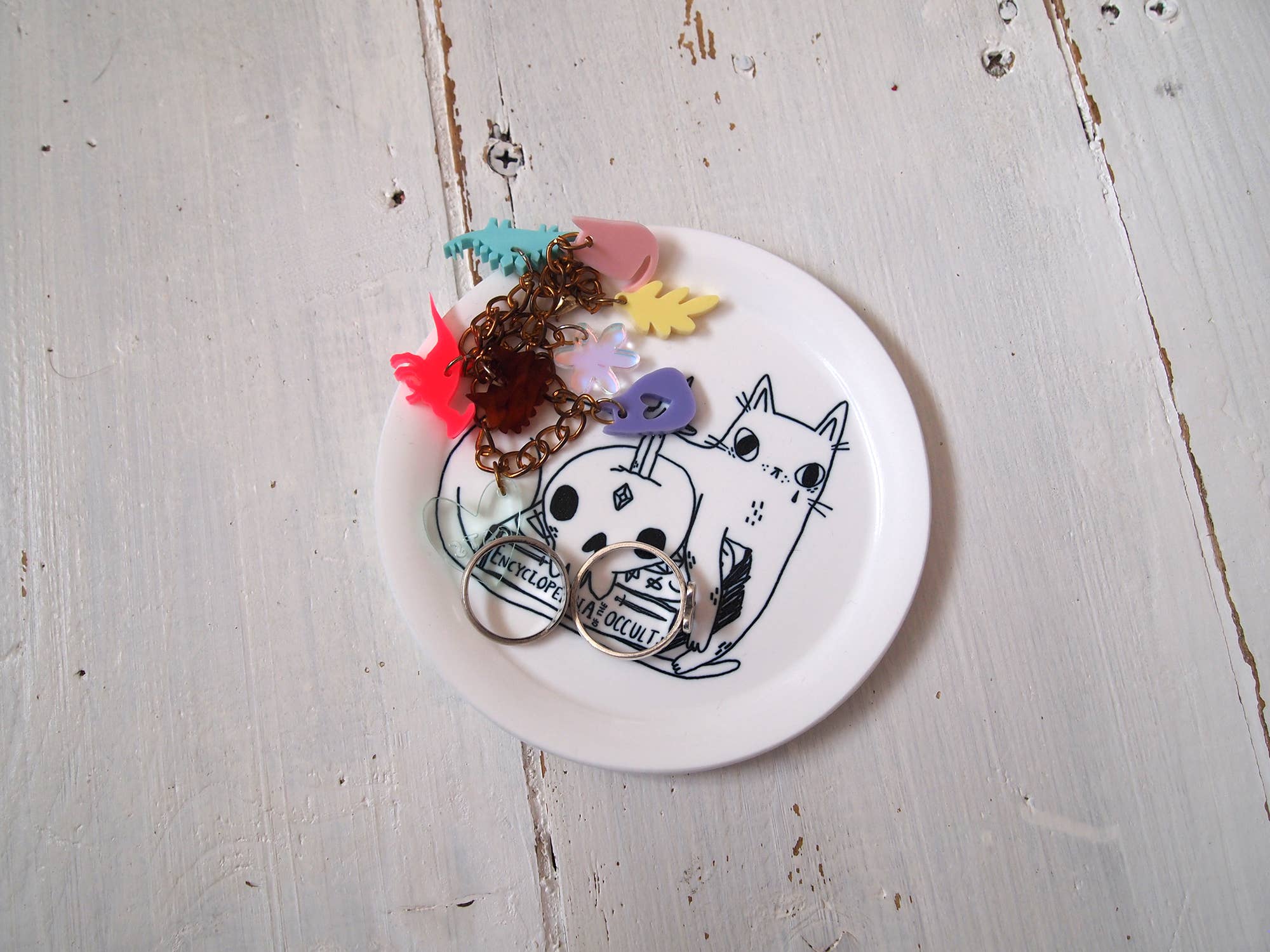 I LIKE CATS - Wholesale Jewelry Dish - Spooky cat with books illustrated trinket dish, ring dish2