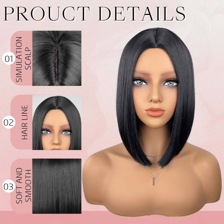 Black Straight Bob Synthetic Wig with Center Part and Sleek Finish for wholesale on Faire1